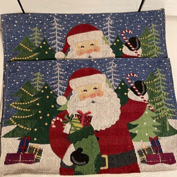 Two vintage 19” x 13” stitched tapestry Santa Claus Christmas holiday place mats - Picture 1 of 12